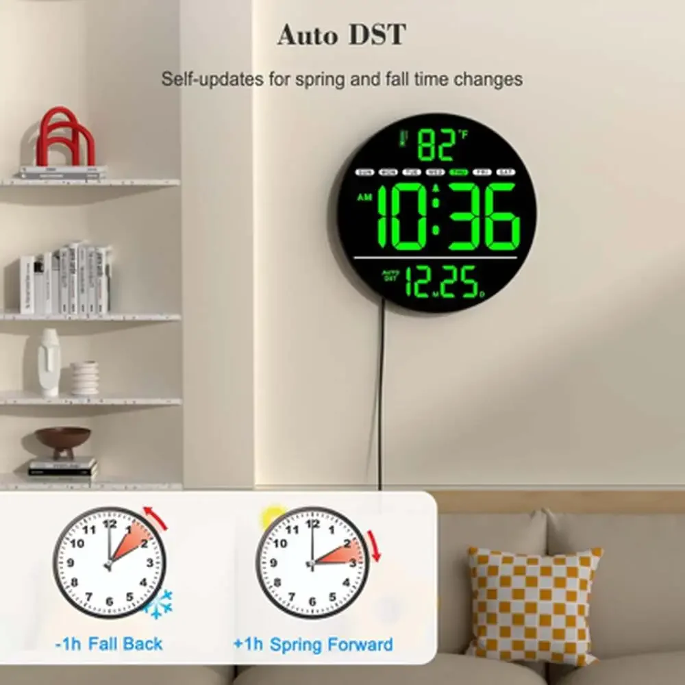 Digital Wall Clock with LED Display, Temperature, Auto Daylight Saving, Date